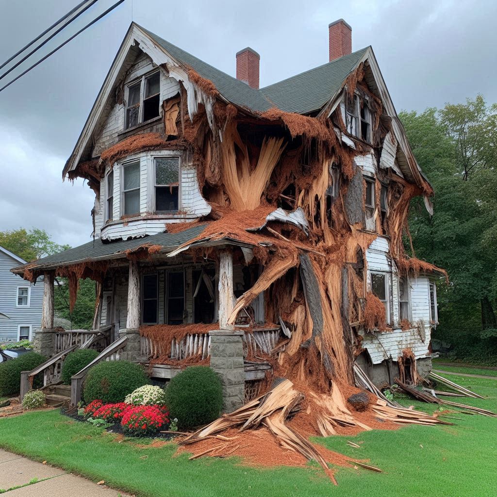 Damaged tree on an West Bridgewater home showing signs of disease and decay